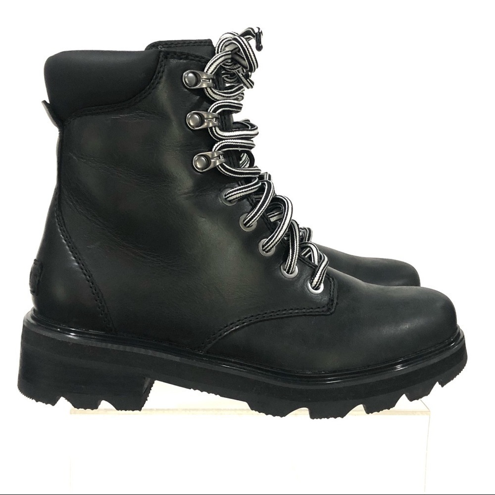 Sorel Lennox Black Leather Moto Combat Lace Up Lug Sole Boots